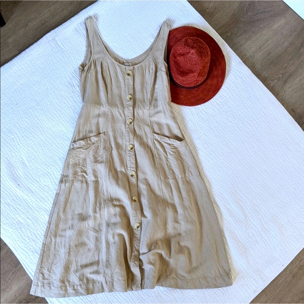 Rhythm. Linen Blend Midi Dress Side Zip Pockets Khaki Small.